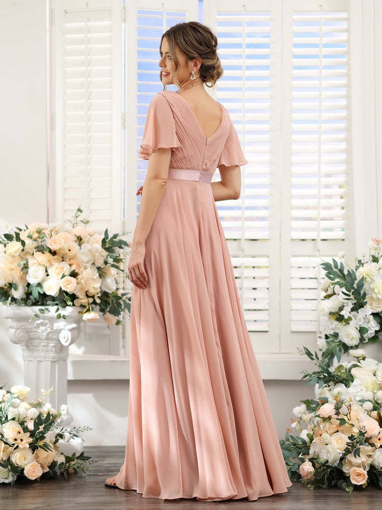 V-Neck A-Line Chiffon Bridesmaid Dresses with Short Sleeves and Pockets