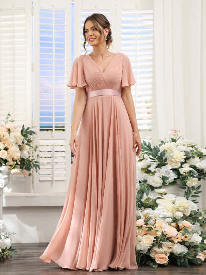 V-Neck A-Line Chiffon Bridesmaid Dresses with Short Sleeves and Pockets