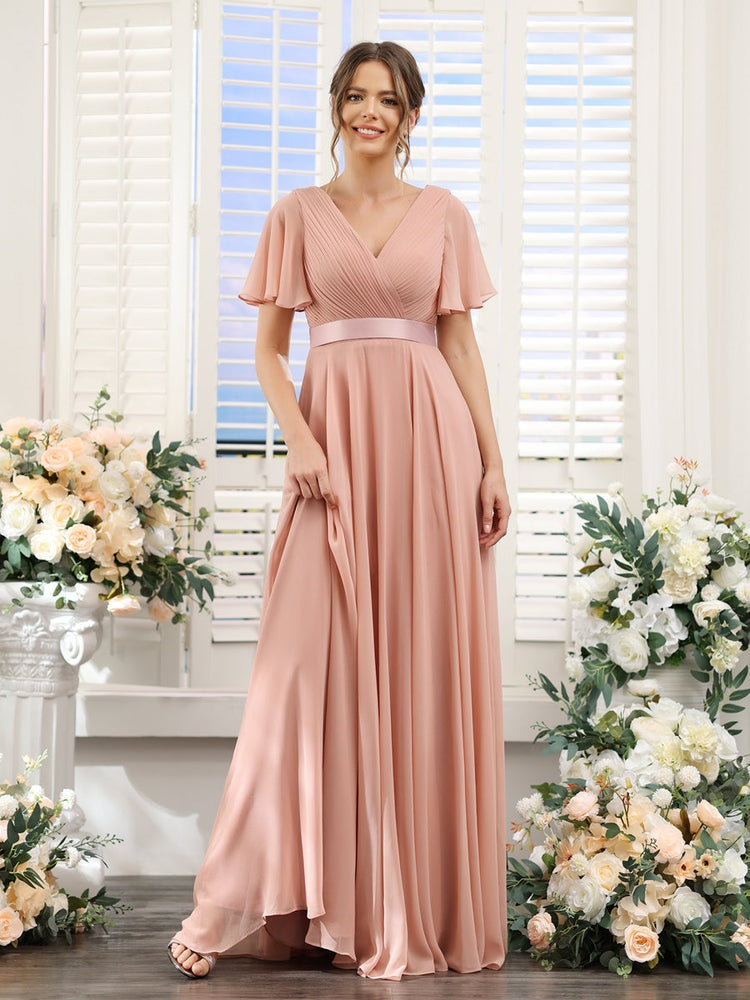 V-Neck A-Line Chiffon Bridesmaid Dresses with Short Sleeves and Pockets