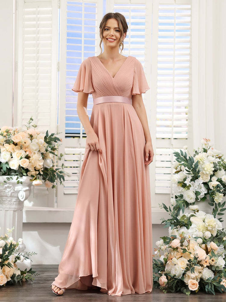 V-Neck A-Line Chiffon Bridesmaid Dresses with Short Sleeves and Pockets