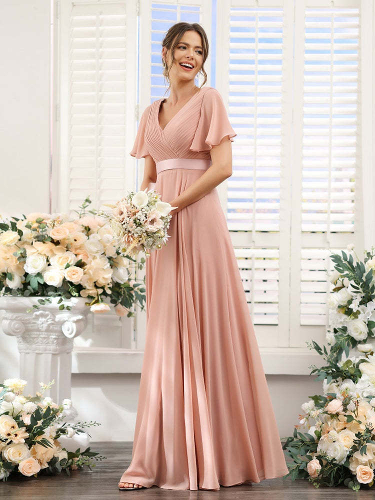 V-Neck A-Line Chiffon Bridesmaid Dresses with Short Sleeves and Pockets