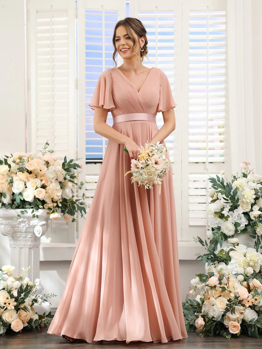 V-Neck A-Line Chiffon Bridesmaid Dresses with Short Sleeves and Pockets