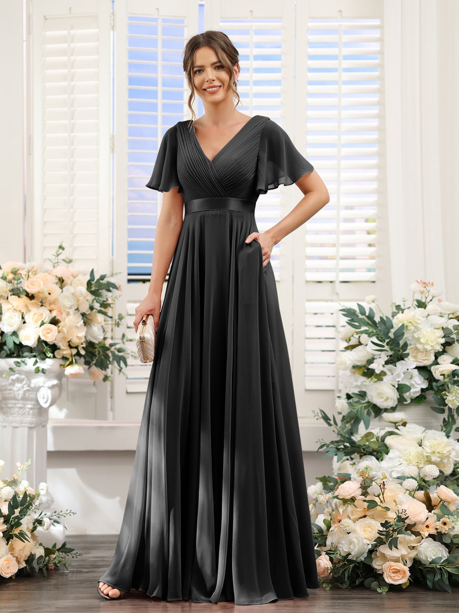 V-Neck A-Line Chiffon Bridesmaid Dresses with Short Sleeves and Pockets