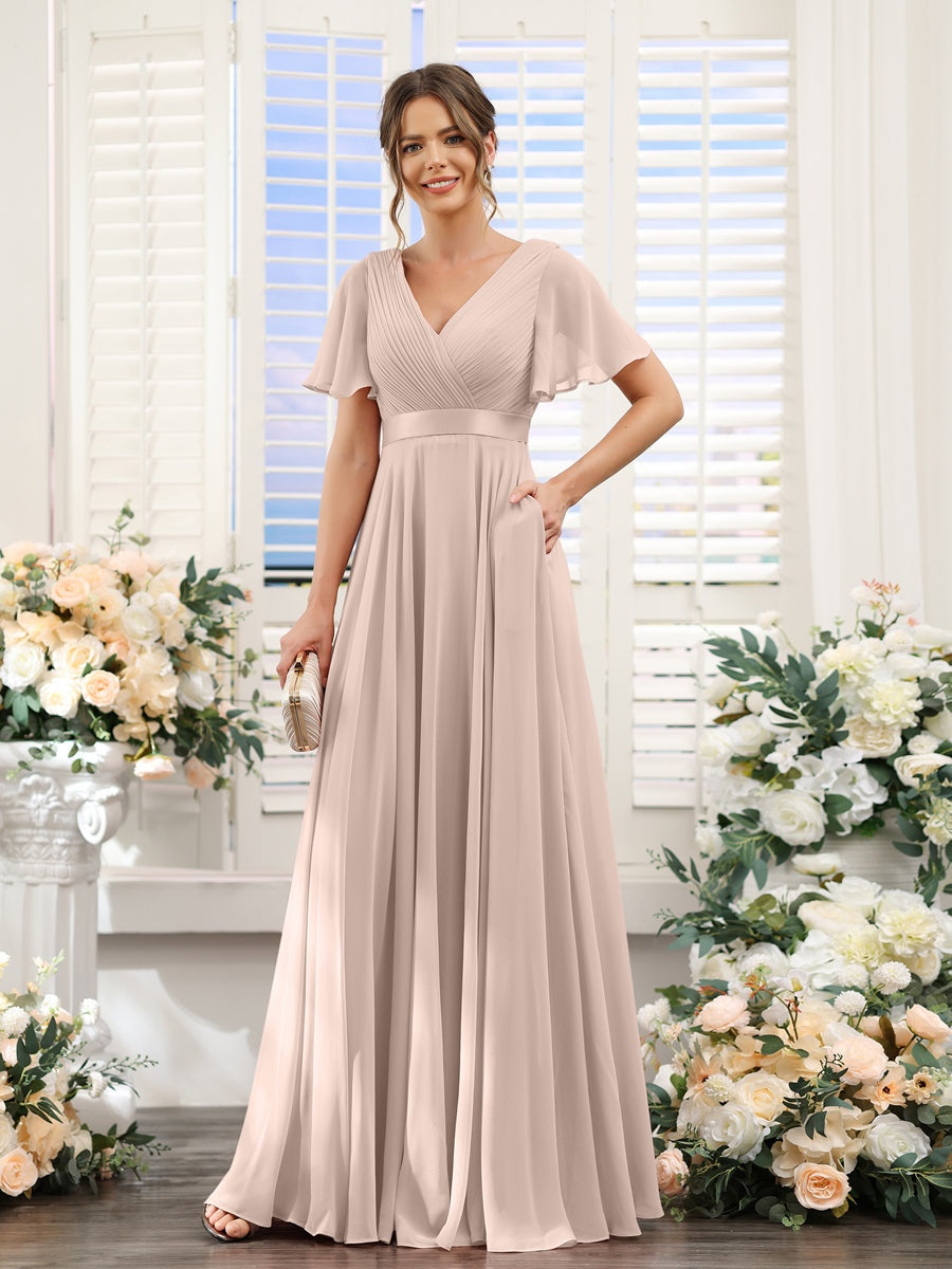 V-Neck A-Line Chiffon Bridesmaid Dresses with Short Sleeves and Pockets