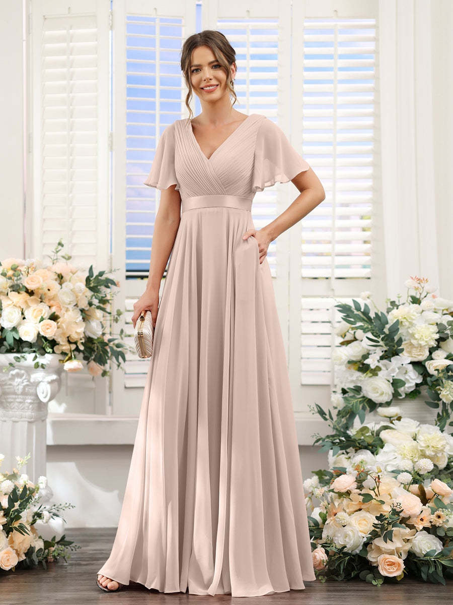 V-Neck A-Line Chiffon Bridesmaid Dresses with Short Sleeves and Pockets