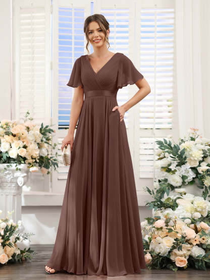 V-Neck A-Line Chiffon Bridesmaid Dresses with Short Sleeves and Pockets