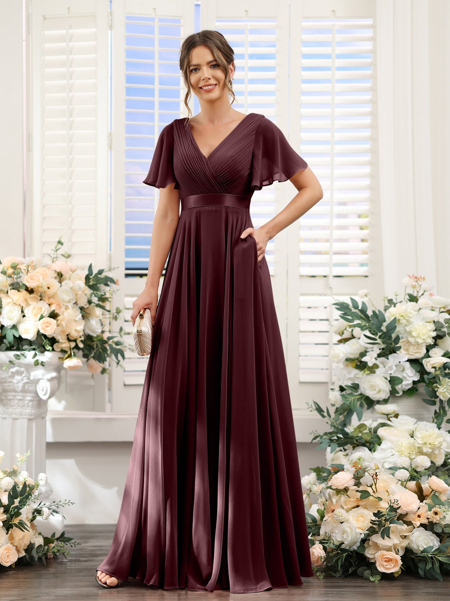 V-Neck A-Line Chiffon Bridesmaid Dresses with Short Sleeves and Pockets