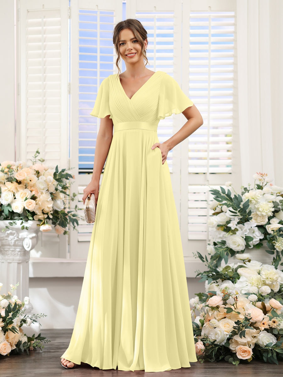 V-Neck A-Line Chiffon Bridesmaid Dresses with Short Sleeves and Pockets