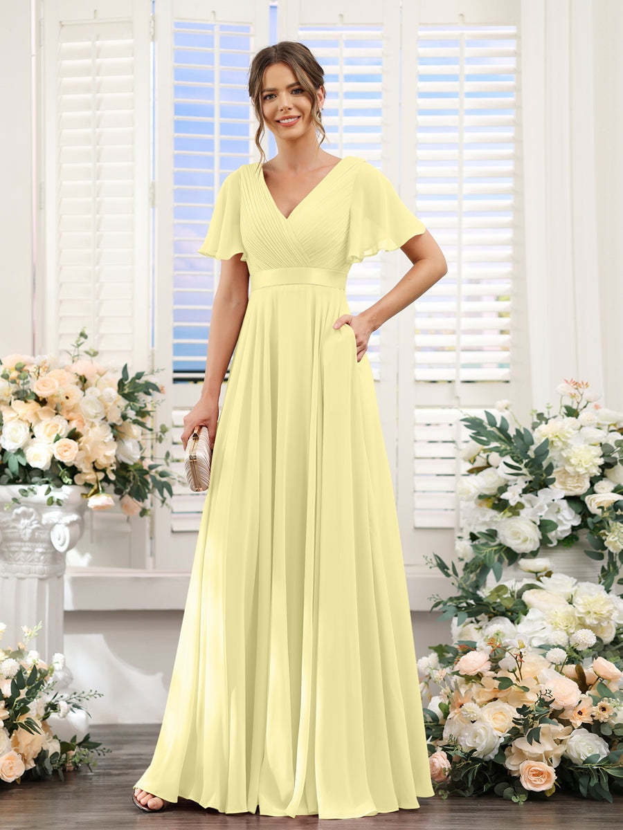 V-Neck A-Line Chiffon Bridesmaid Dresses with Short Sleeves and Pockets