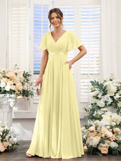 V-Neck A-Line Chiffon Bridesmaid Dresses with Short Sleeves and Pockets