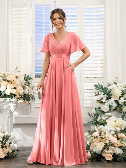 V-Neck A-Line Chiffon Bridesmaid Dresses with Short Sleeves and Pockets