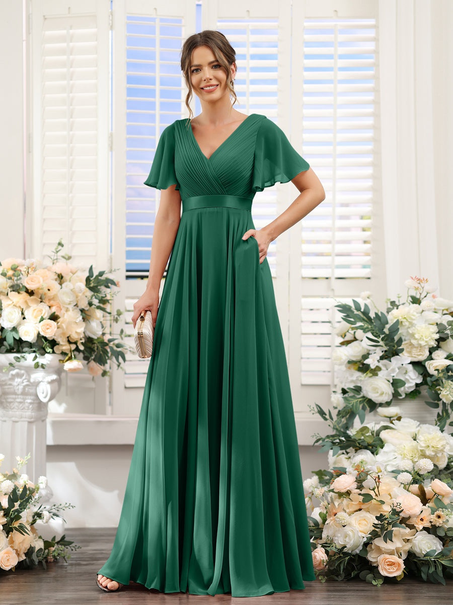 V-Neck A-Line Chiffon Bridesmaid Dresses with Short Sleeves and Pockets