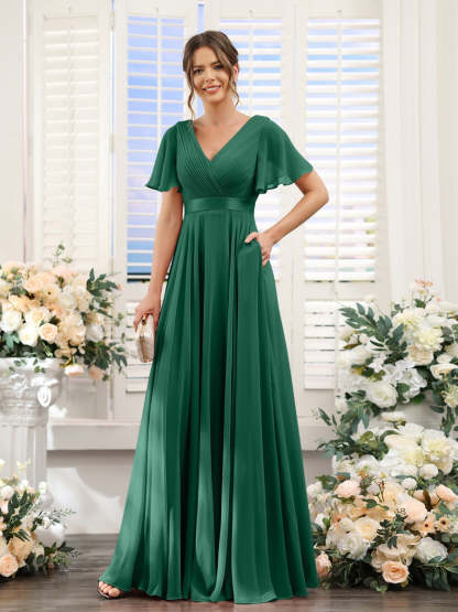 V-Neck A-Line Chiffon Bridesmaid Dresses with Short Sleeves and Pockets