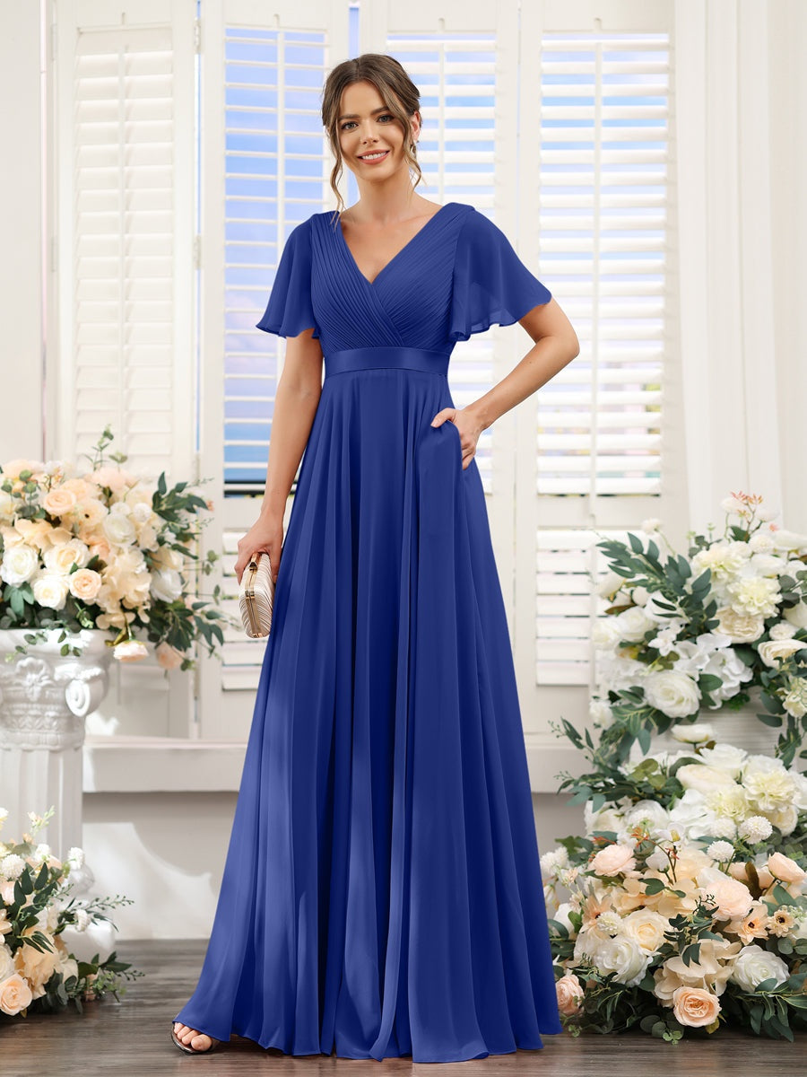 V-Neck A-Line Chiffon Bridesmaid Dresses with Short Sleeves and Pockets