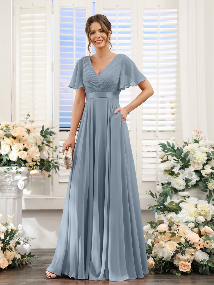 V-Neck A-Line Chiffon Bridesmaid Dresses with Short Sleeves and Pockets