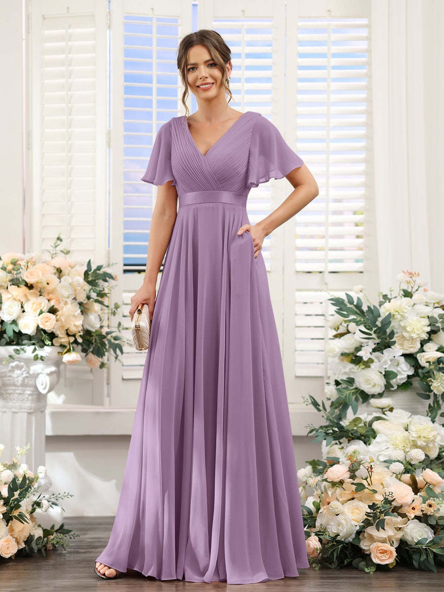 V-Neck A-Line Chiffon Bridesmaid Dresses with Short Sleeves and Pockets