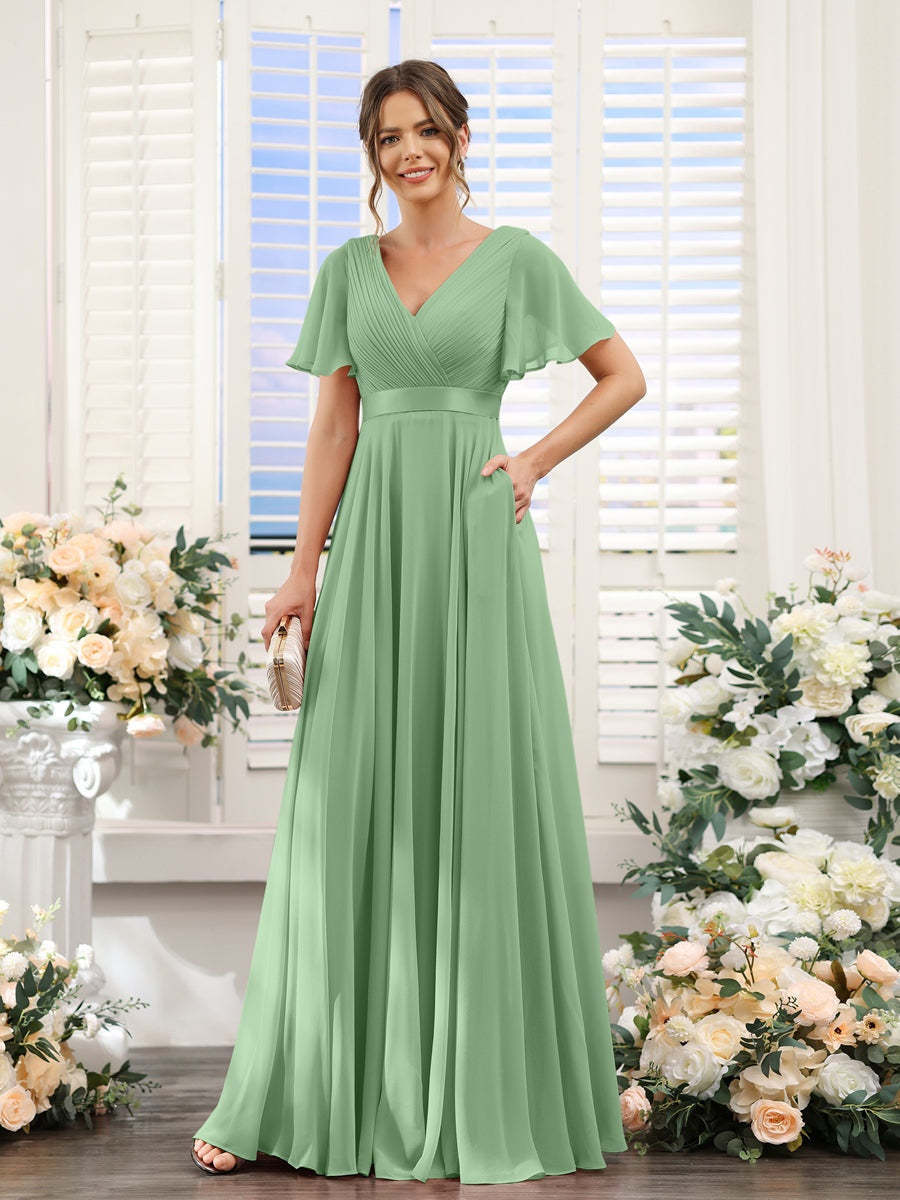V-Neck A-Line Chiffon Bridesmaid Dresses with Short Sleeves and Pockets