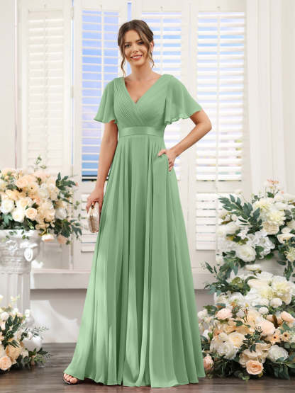 V-Neck A-Line Chiffon Bridesmaid Dresses with Short Sleeves and Pockets