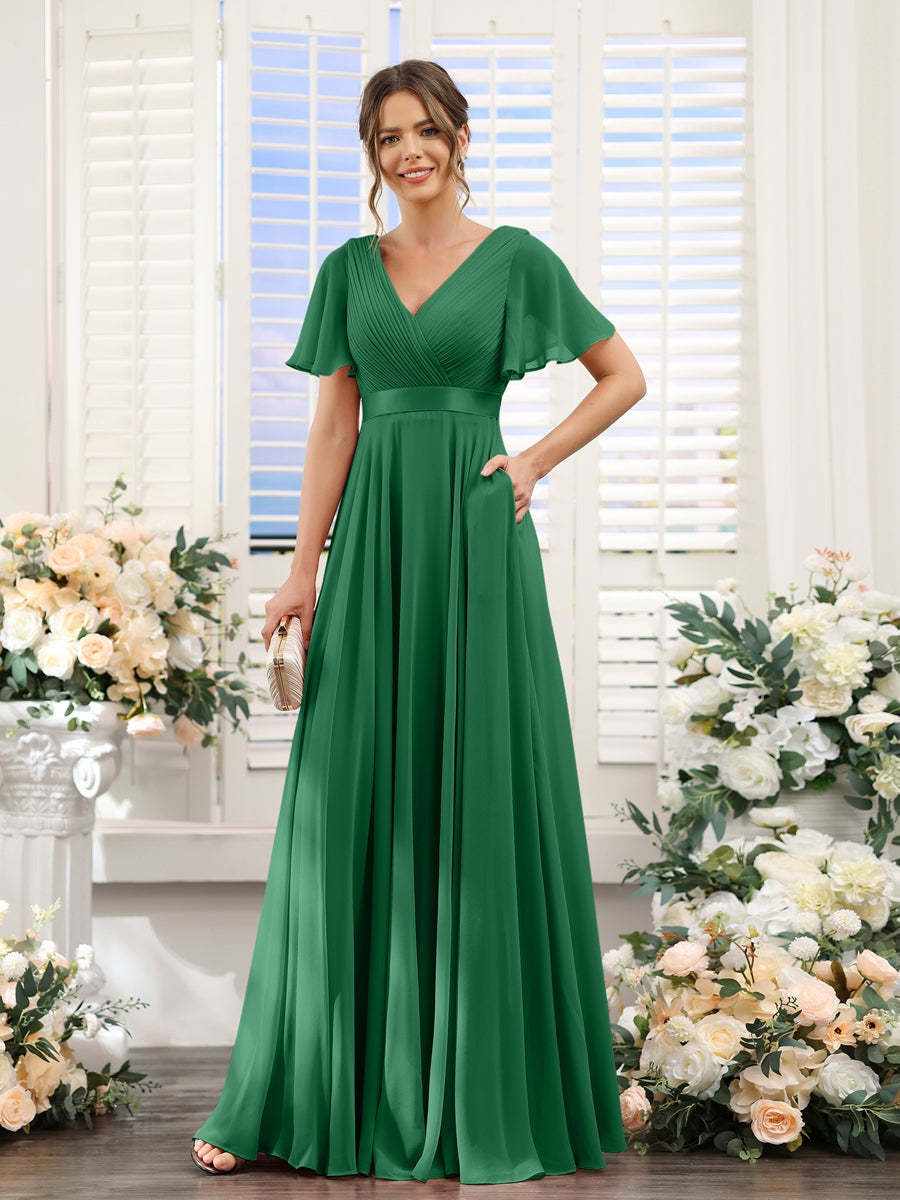 V-Neck A-Line Chiffon Bridesmaid Dresses with Short Sleeves and Pockets