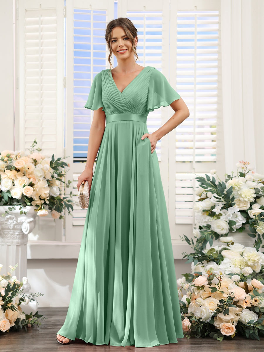 V-Neck A-Line Chiffon Bridesmaid Dresses with Short Sleeves and Pockets