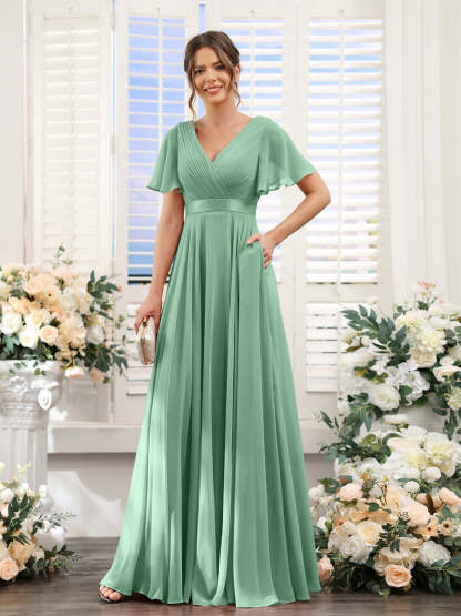 V-Neck A-Line Chiffon Bridesmaid Dresses with Short Sleeves and Pockets