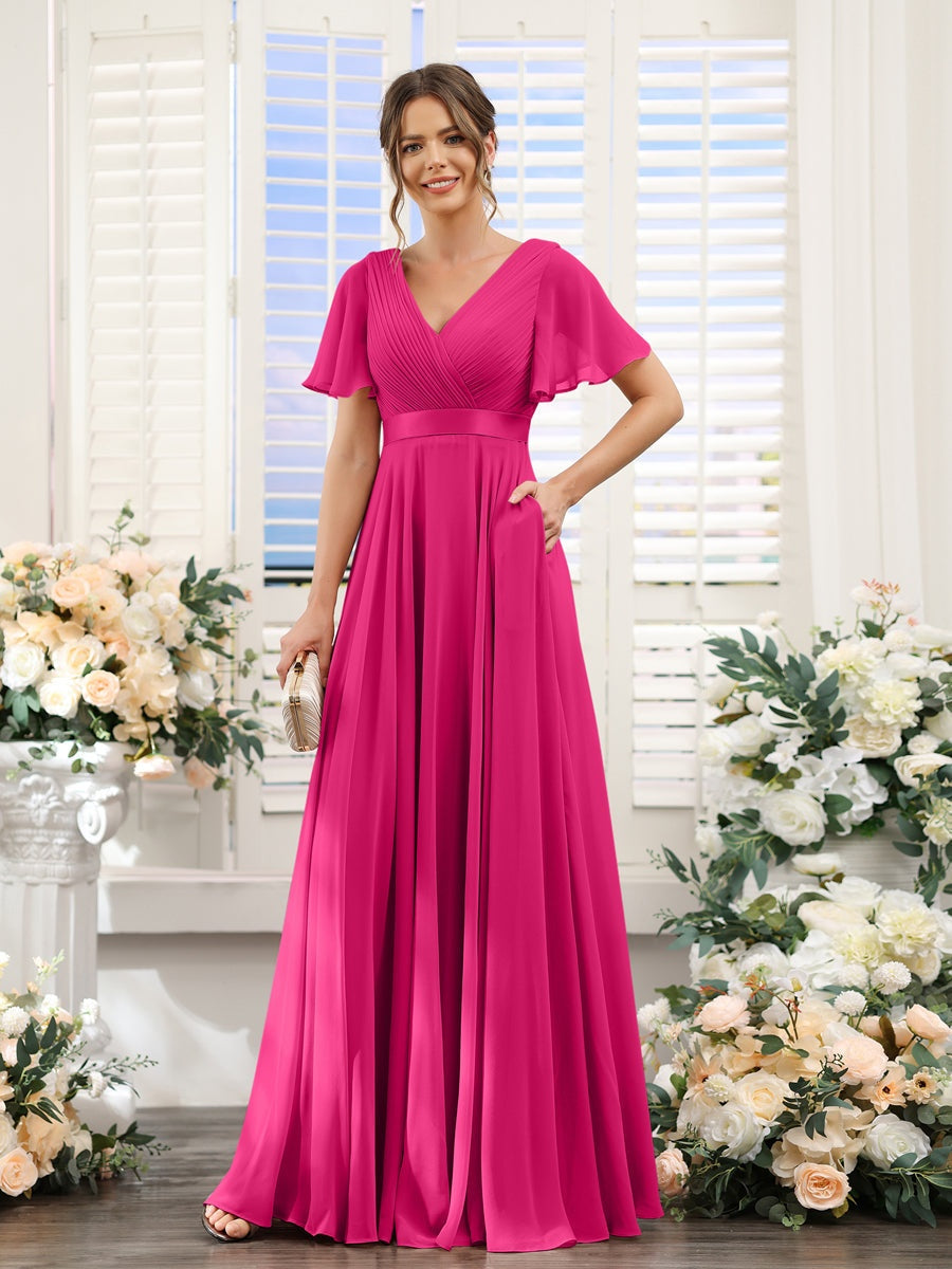 V-Neck A-Line Chiffon Bridesmaid Dresses with Short Sleeves and Pockets
