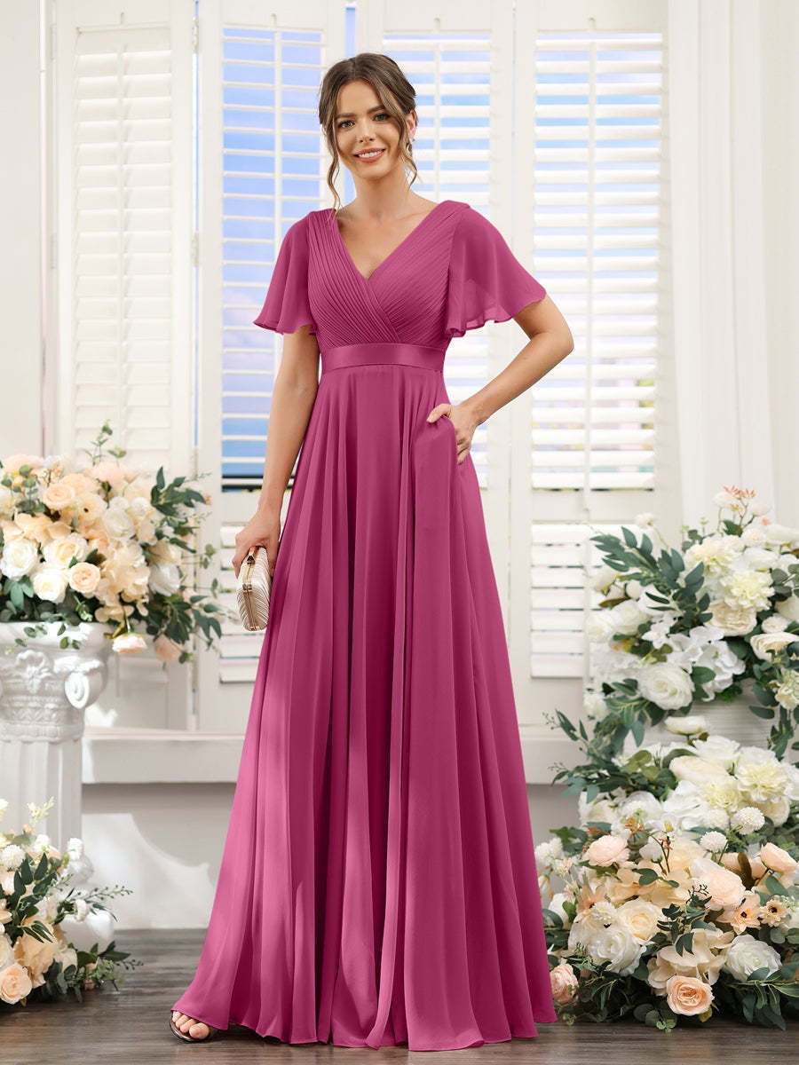 V-Neck A-Line Chiffon Bridesmaid Dresses with Short Sleeves and Pockets