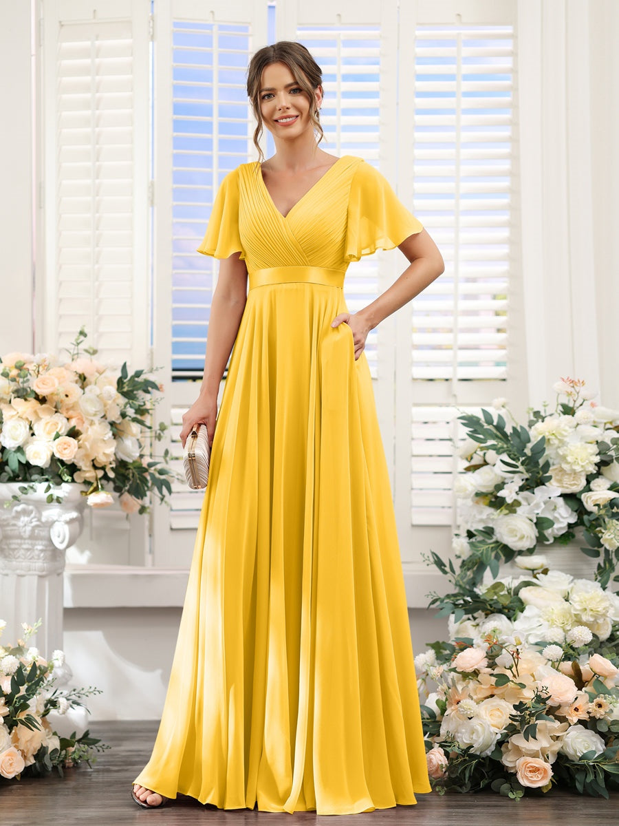 V-Neck A-Line Chiffon Bridesmaid Dresses with Short Sleeves and Pockets