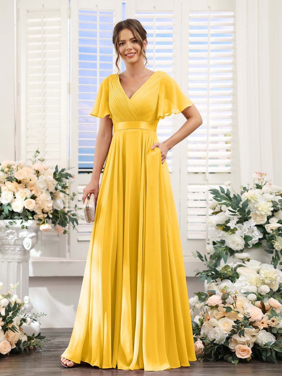 V-Neck A-Line Chiffon Bridesmaid Dresses with Short Sleeves and Pockets