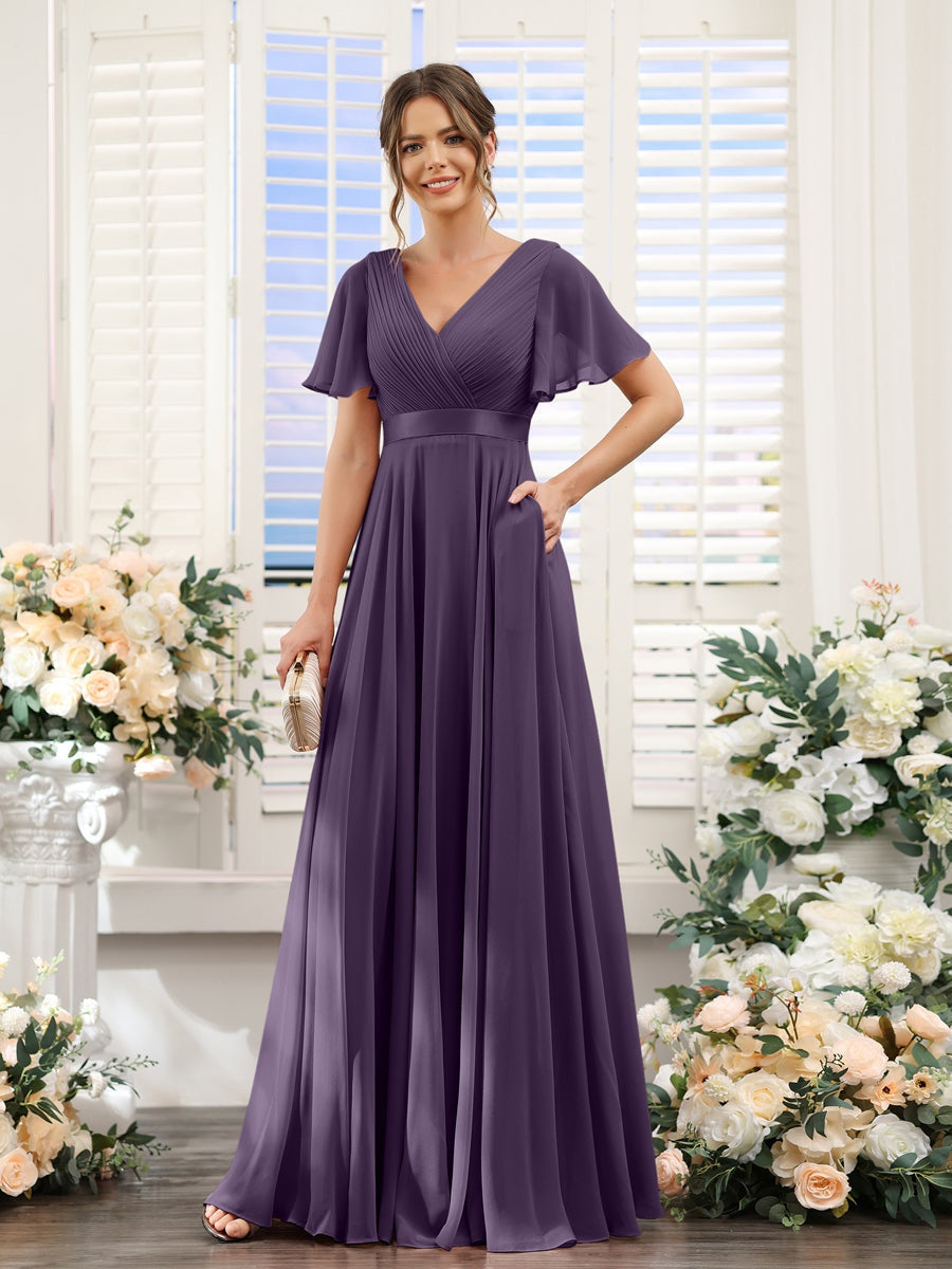 V-Neck A-Line Chiffon Bridesmaid Dresses with Short Sleeves and Pockets