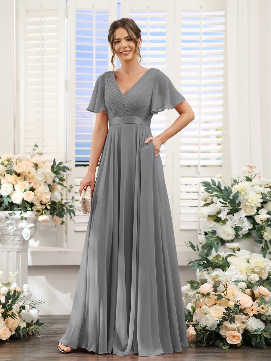 V-Neck A-Line Chiffon Bridesmaid Dresses with Short Sleeves and Pockets