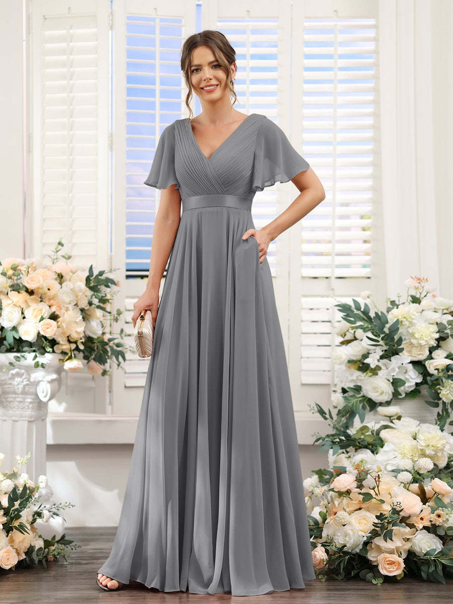 V-Neck A-Line Chiffon Bridesmaid Dresses with Short Sleeves and Pockets