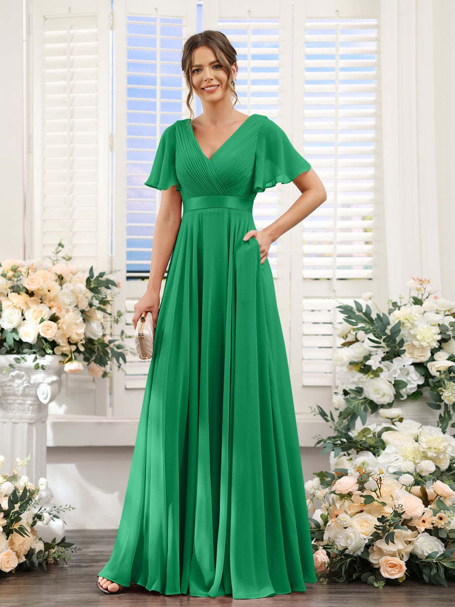 V-Neck A-Line Chiffon Bridesmaid Dresses with Short Sleeves and Pockets