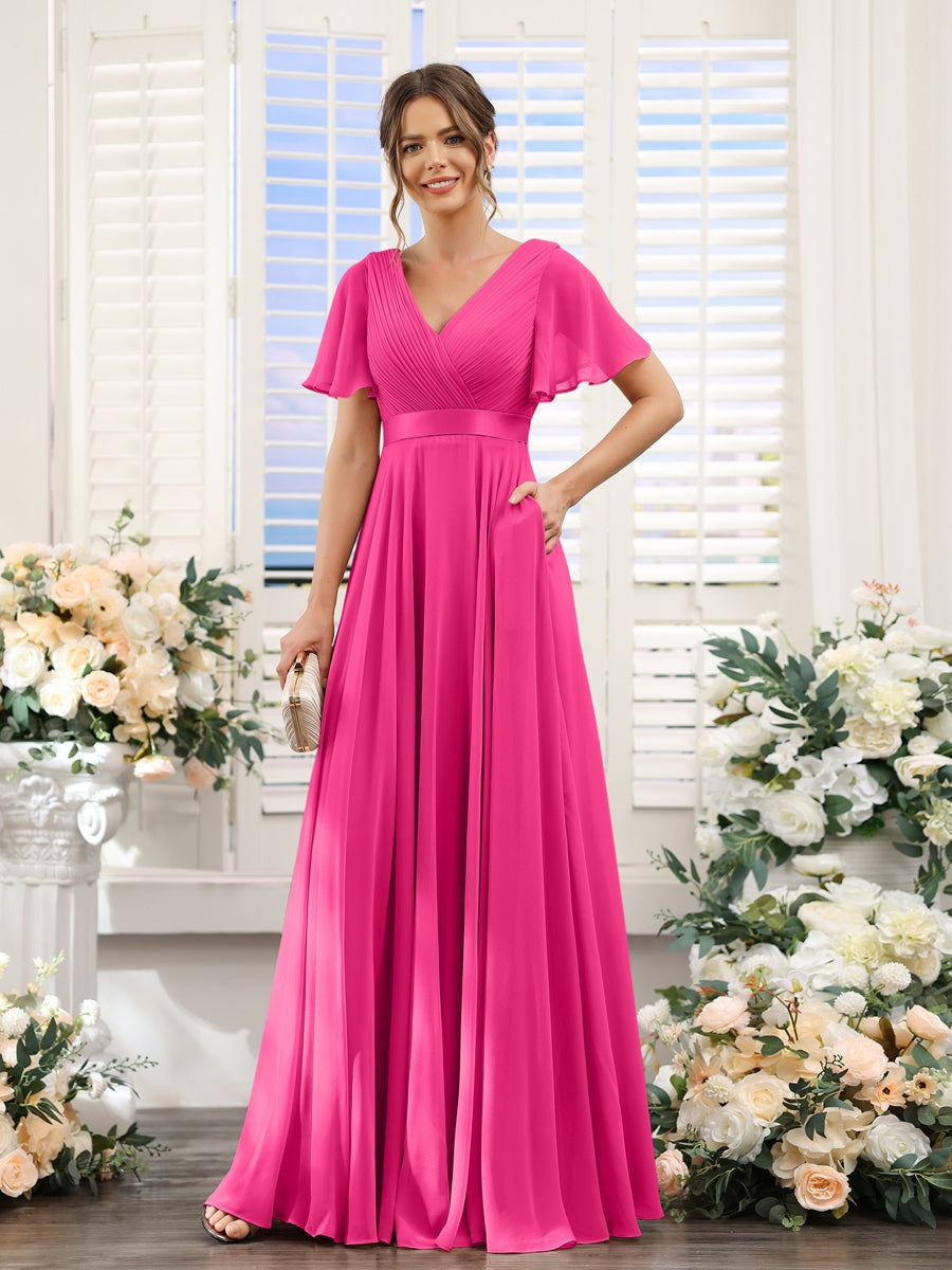 V-Neck A-Line Chiffon Bridesmaid Dresses with Short Sleeves and Pockets
