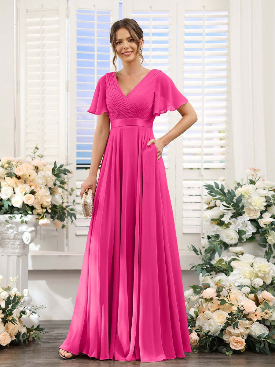 V-Neck A-Line Chiffon Bridesmaid Dresses with Short Sleeves and Pockets