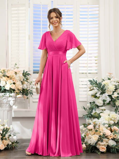 V-Neck A-Line Chiffon Bridesmaid Dresses with Short Sleeves and Pockets