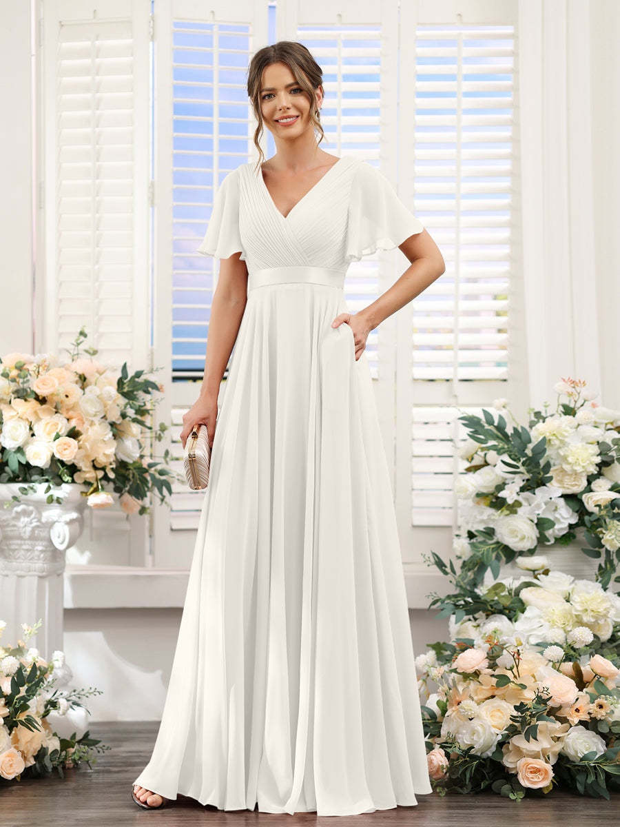 V-Neck A-Line Chiffon Bridesmaid Dresses with Short Sleeves and Pockets