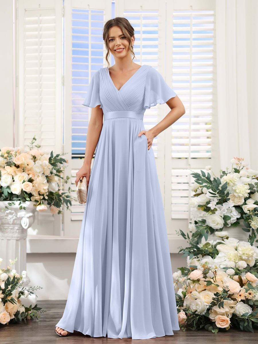 V-Neck A-Line Chiffon Bridesmaid Dresses with Short Sleeves and Pockets