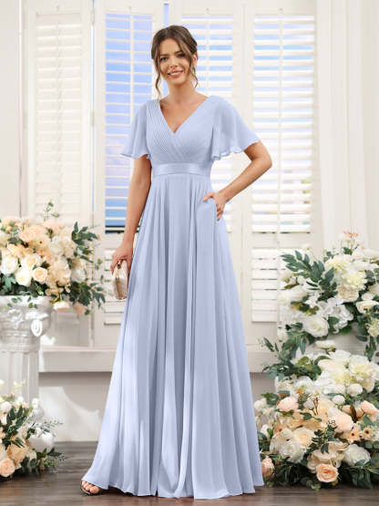 V-Neck A-Line Chiffon Bridesmaid Dresses with Short Sleeves and Pockets