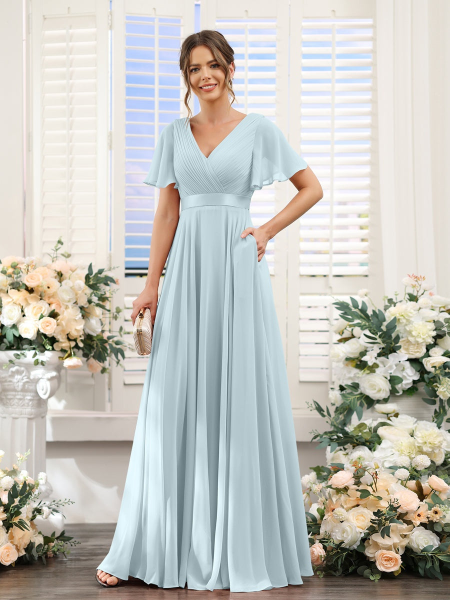 V-Neck A-Line Chiffon Bridesmaid Dresses with Short Sleeves and Pockets