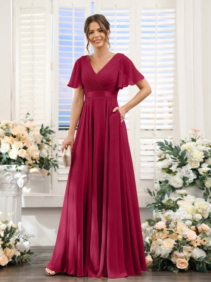 V-Neck A-Line Chiffon Bridesmaid Dresses with Short Sleeves and Pockets