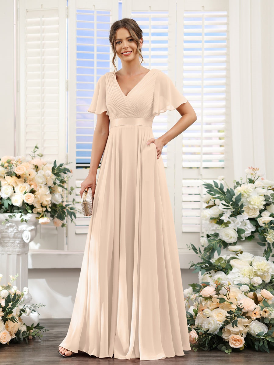 V-Neck A-Line Chiffon Bridesmaid Dresses with Short Sleeves and Pockets