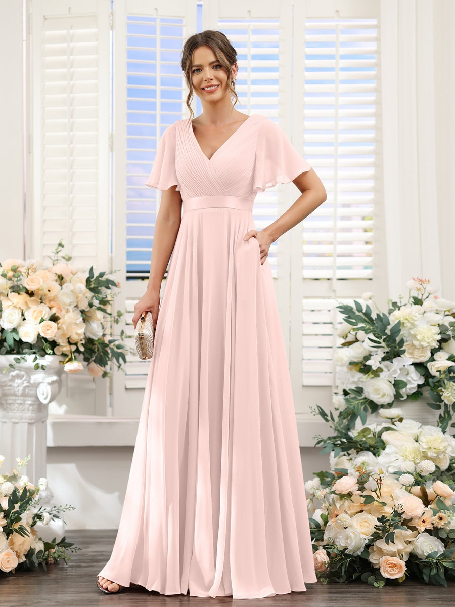 V-Neck A-Line Chiffon Bridesmaid Dresses with Short Sleeves and Pockets