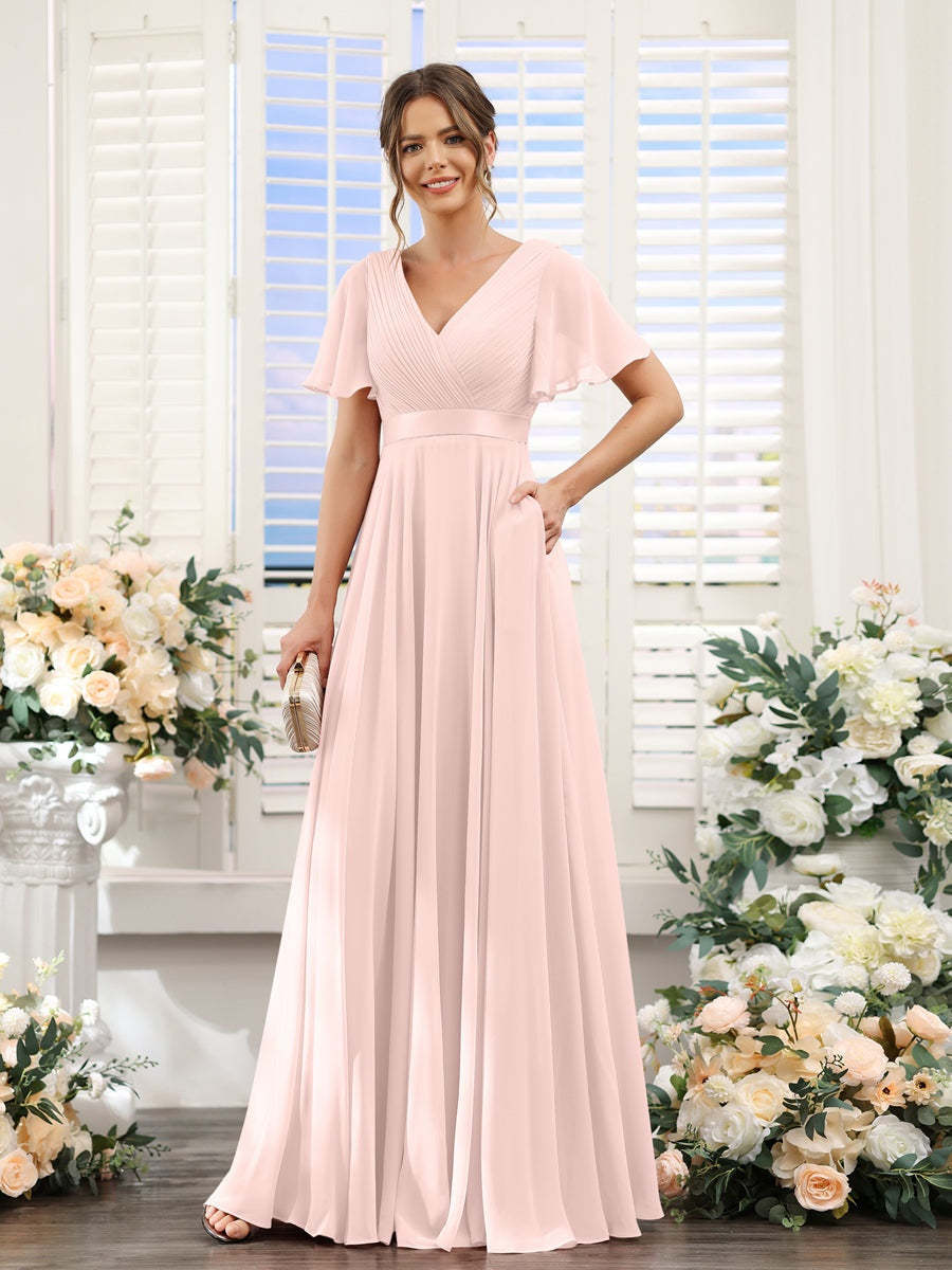 V-Neck A-Line Chiffon Bridesmaid Dresses with Short Sleeves and Pockets