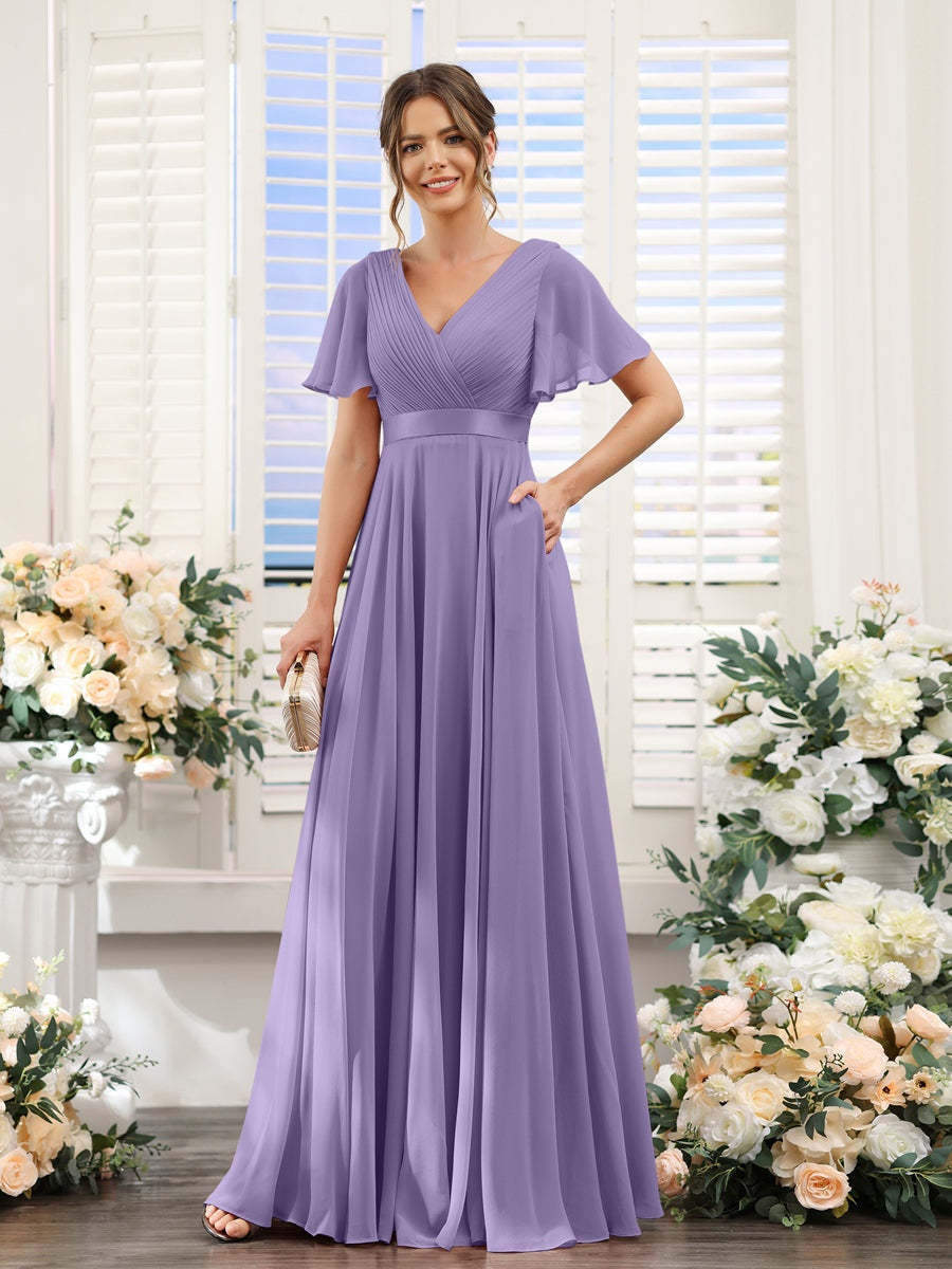 V-Neck A-Line Chiffon Bridesmaid Dresses with Short Sleeves and Pockets