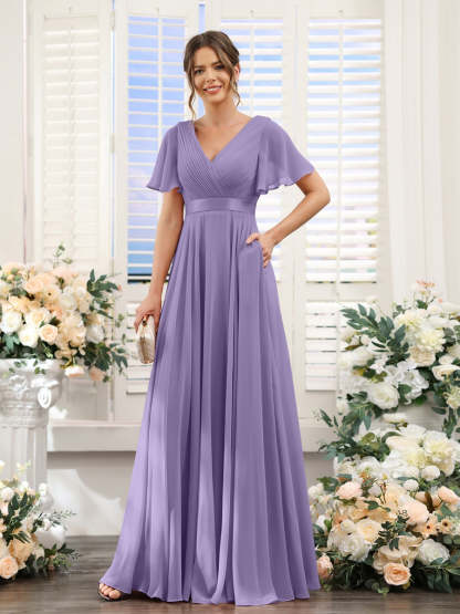 V-Neck A-Line Chiffon Bridesmaid Dresses with Short Sleeves and Pockets