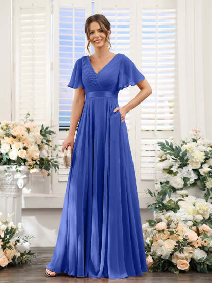 V-Neck A-Line Chiffon Bridesmaid Dresses with Short Sleeves and Pockets