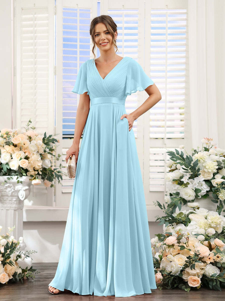 V-Neck A-Line Chiffon Bridesmaid Dresses with Short Sleeves and Pockets