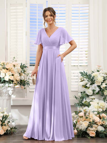 V-Neck A-Line Chiffon Bridesmaid Dresses with Short Sleeves and Pockets