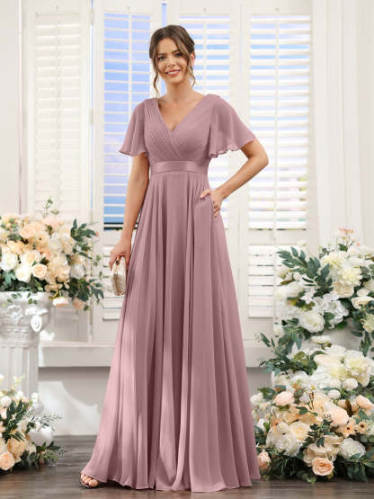 V-Neck A-Line Chiffon Bridesmaid Dresses with Short Sleeves and Pockets
